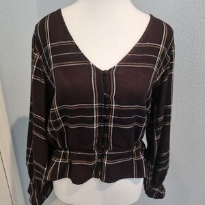 Sanctuary Plaid Smocked Peplum Button Front Blouse Medium NWOT